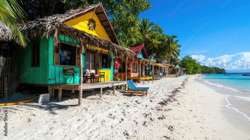 Colorful beach huts on tropical island, clear water background; vacation travel