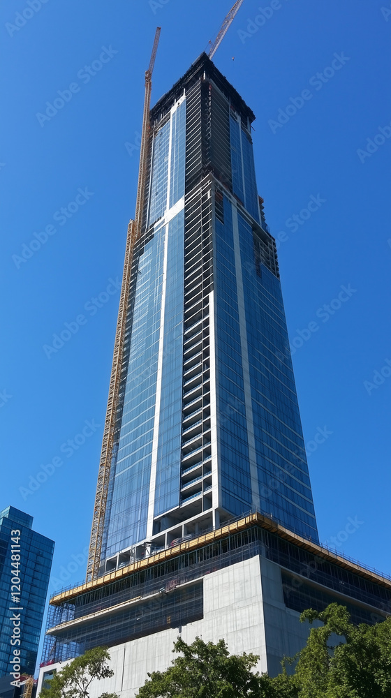 Fototapeta premium Modern high-rise building under construction with cranes