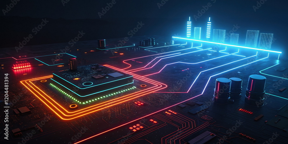 Fototapeta premium Futuristic neon circuit board with glowing connections