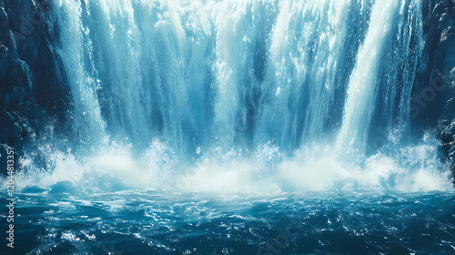 A majestic waterfall cascading into a pool of shimmering aquamarine, movement, flow, waterfall. Shimmering Waterfall. Illustration