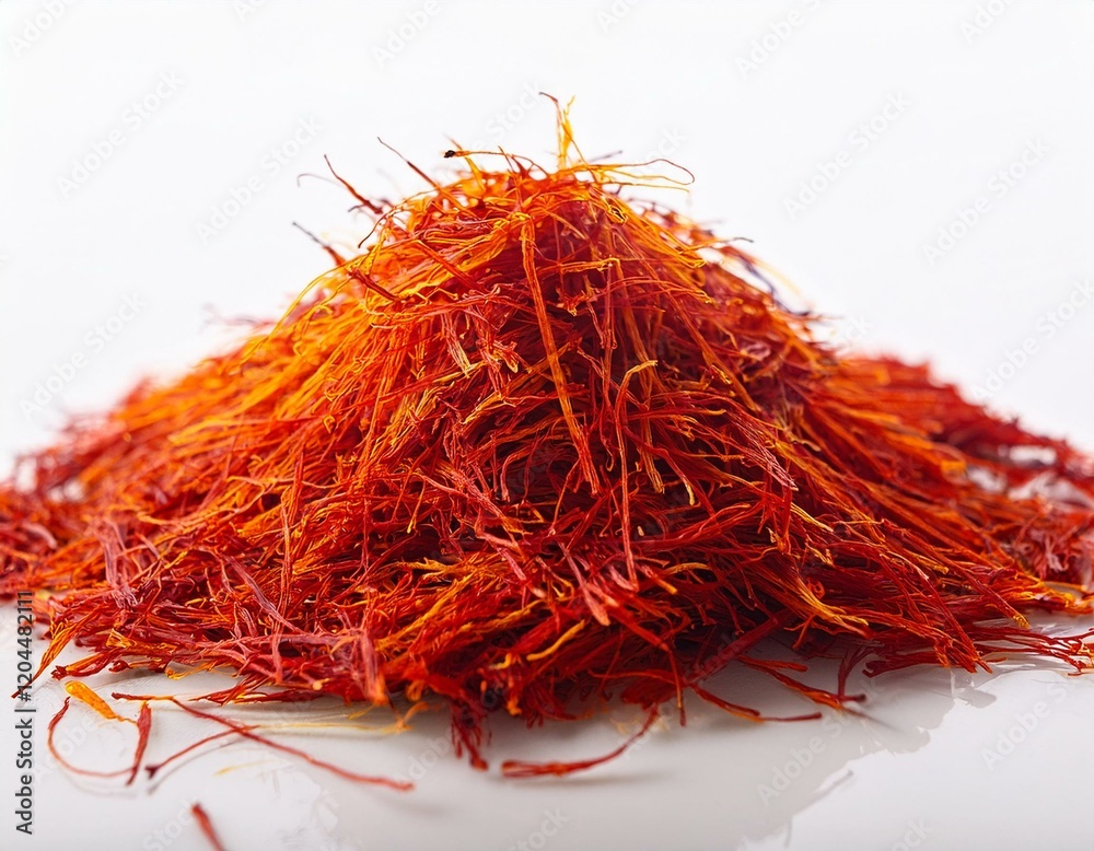 Fototapeta premium pile of saffron threads forming a small mound on white background