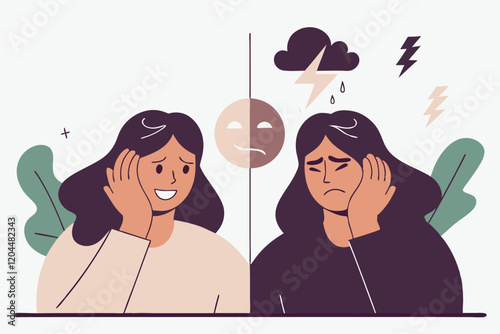 Abstract representation of bipolar mental brain disorder. Positive and negative emotions. Mental health problems