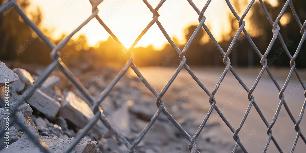 A fenced off section of the demolished road. Caution, road repair works, pre-warning. A fenced off section of the demolished road. Caution, road repair works, pre-warning.
