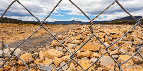 A fenced off section of the demolished road. Caution, road repair works, pre-warning.