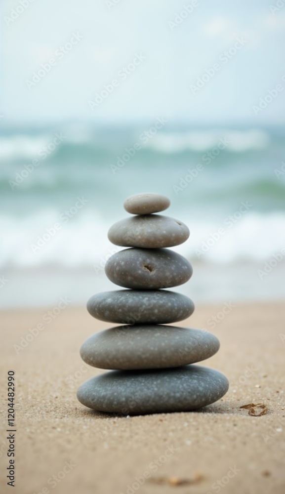 A peaceful arrangement of smooth stones stacked in balance on a sandy beach, gentle ocean waves in the background, soft natural lighting conveying serenity A peaceful arrangement of smooth stones stacked in balance on a sandy beach, gentle ocean waves in the background, soft natural lighting conveying serenity