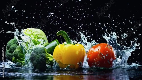 Vibrant green vegetables sit under splashes of water, appearing freshly washed. This still life of healthy produce suggests a natural, clean appeal