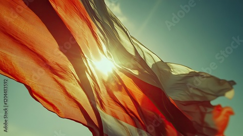 The Polish flag captured from a low angle with the sun shining through it, enhancing its colors, photo