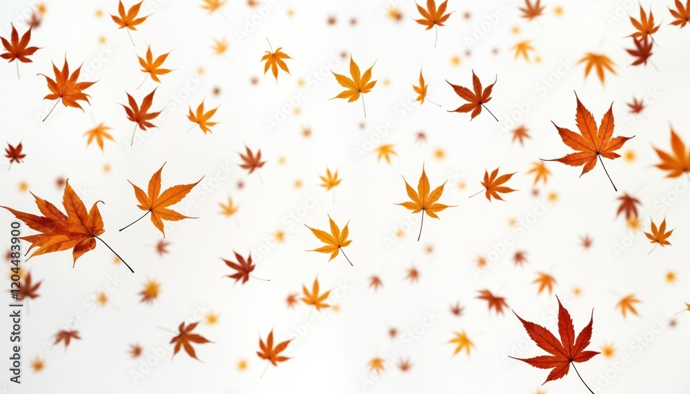 Autumn leaves fly in air. Colorful maple leaves fall. Season of change. Bright fall colors. Falling leaves. Beautiful natural background. Design element for seasonal themes. Copy space for text. Autumn leaves fly in air. Colorful maple leaves fall. Season of change. Bright fall colors. Falling leaves. Beautiful natural background. Design element for seasonal themes. Copy space for text.