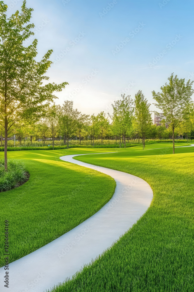 Obraz premium Empty Urban summer park near residential area neighborhood. Grass lawn, trees and walking or biking path