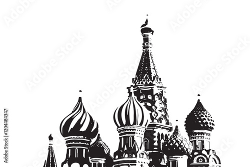 Black and white illustration of Saint Basil's Cathedral in Moscow representing Russian cultural architecture landmark