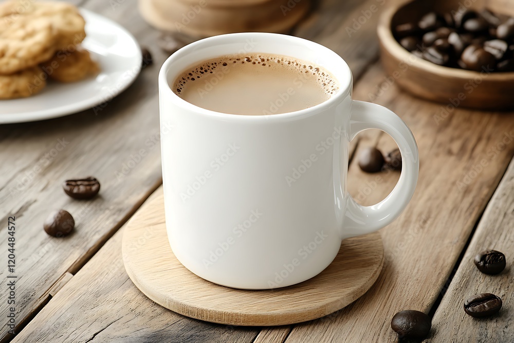 Aromatic Coffee in a White Mug on Rustic Wooden Table Aromatic Coffee in a White Mug on Rustic Wooden Table