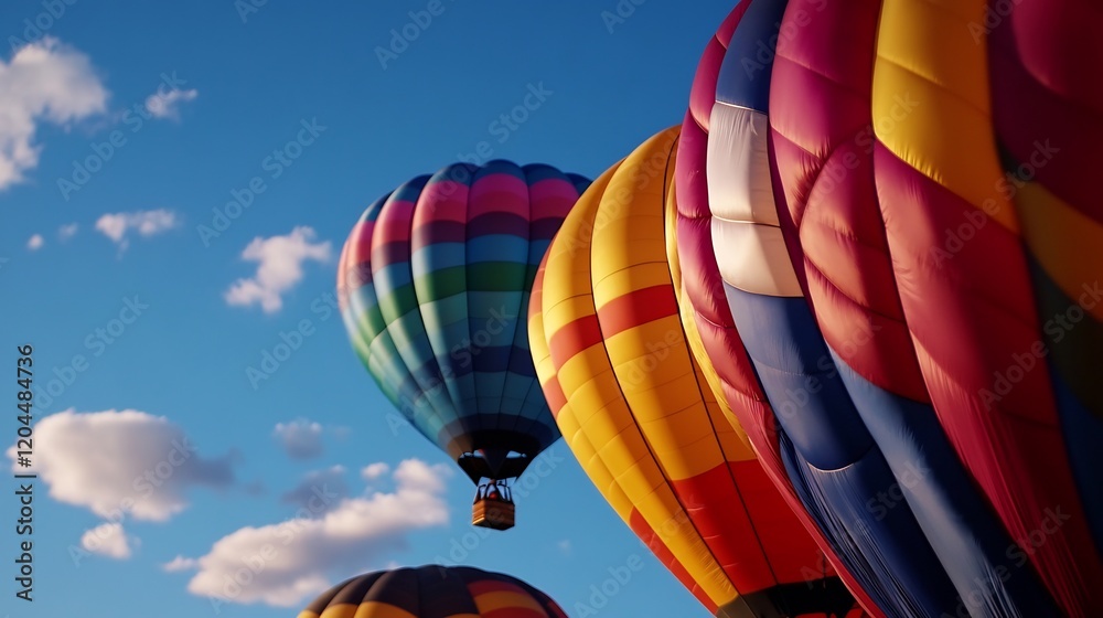 Obraz premium Vibrant Hot Air Balloons Soaring Through a Sunny Sky A Breathtaking Aerial View of Colorful Balloons Ascending