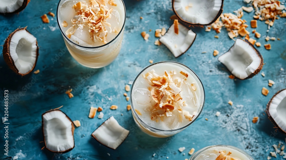Top-down view of coconut cocktails served in glasses alongside cracked coconut on a blue surface Top-down view of coconut cocktails served in glasses alongside cracked coconut on a blue surface