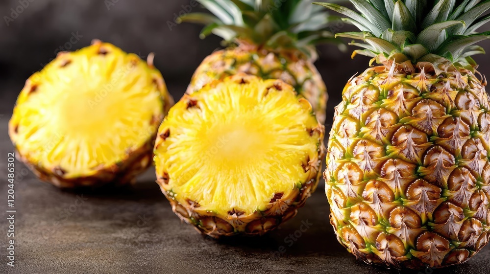 Ripe pineapples on dark background, close-up. Food photography for recipes or websites Ripe pineapples on dark background, close-up. Food photography for recipes or websites