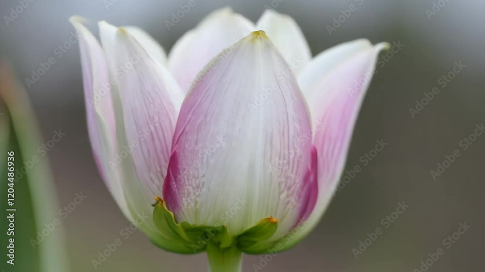 A large, beautiful pink tulip, close-up, against a backdrop of green foliage. The lone tulip stands out as a spring flower. A large, beautiful pink tulip, close-up, against a backdrop of green foliage. The lone tulip stands out as a spring flower.