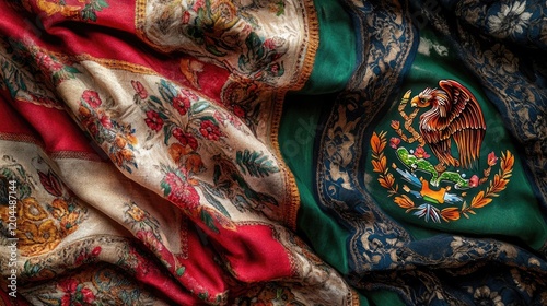 The Mexican flag artistically displayed against a backdrop of traditional textiles, highlighting the countrya??s rich culture