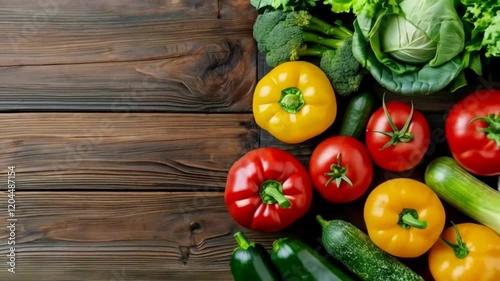 A close-up fresh vegetables, including bell peppers, tomatoes, and greens, placed on a wooden surface