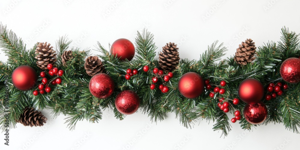 Festive pine garland with red berries and ornaments Festive pine garland with red berries and ornaments