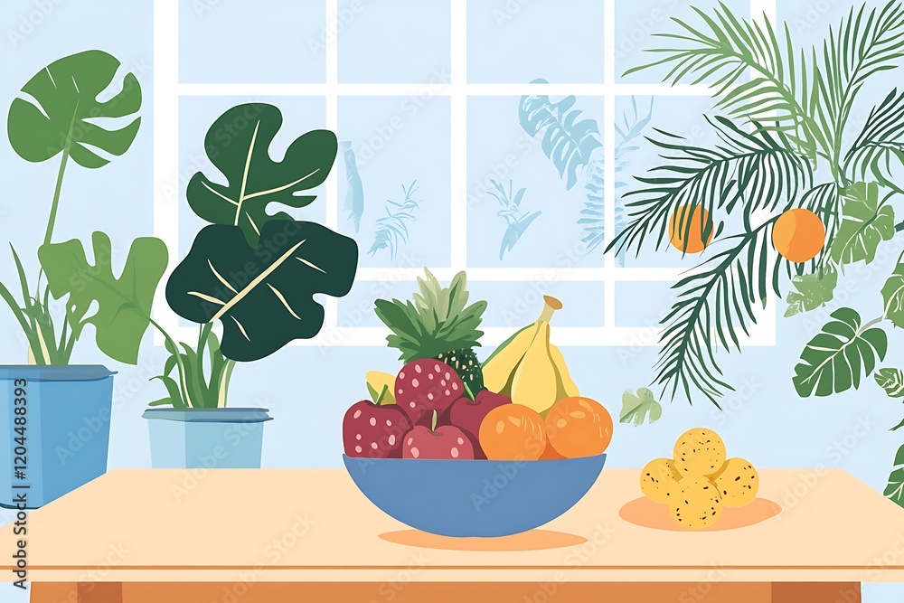 Obraz premium Colorful Fruit Bowl on a Table with Plants
