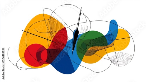 Abstract Colorful Composition Featuring Intertwined Shapes and Mechanical Elements A Vivid Play of Lines and Forms