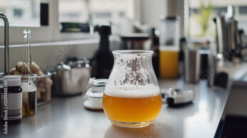 A glass carafe filled with orange liquid sits on a reflective kitchen counter, surrounded by everyday kitchen items, embodying domestic warmth and routine.