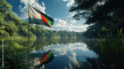 The Kenyan flag reflected in a tranquil lake, surrounded by lush greenery and blue skies