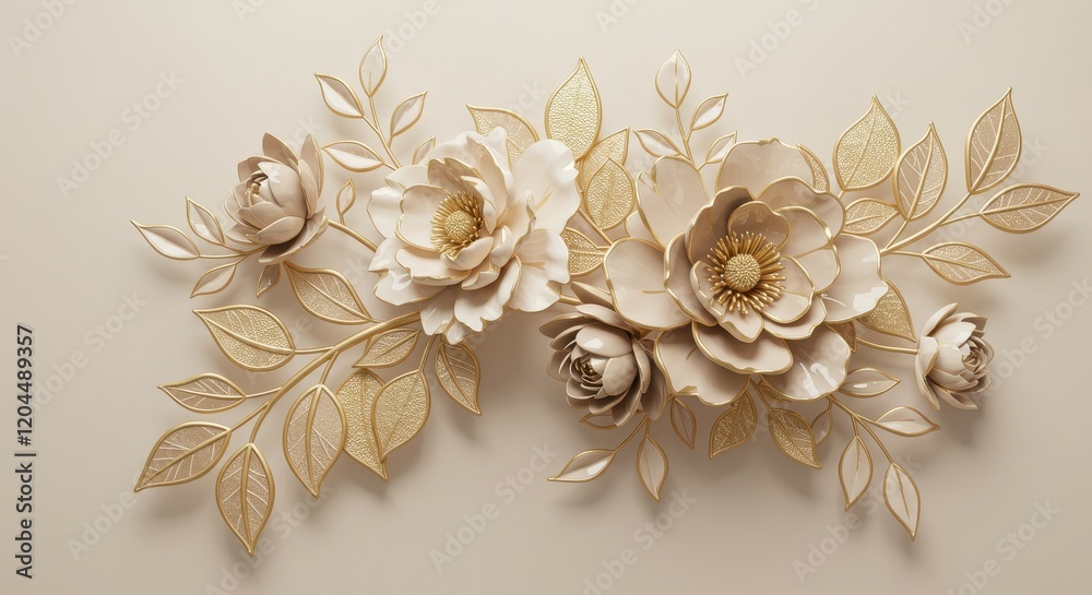 A sophisticated 3D illustration of a floral arrangement featuring large, soft blooms in muted tones of beige cream and blush pink A sophisticated 3D illustration of a floral arrangement featuring large, soft blooms in muted tones of beige cream and blush pink