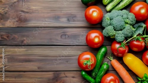 A close-up photograph displays assorted fresh vegetables, including bell peppers, tomatoes, and greens, placed on a wooden surface