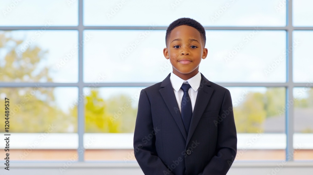 Confident young boy in suit standing indoors elegantly against large window Confident young boy in suit standing indoors elegantly against large window