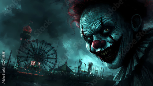 Creepy carnival with sinister clown. Dark Carnival. Illustration