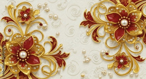 An opulent 3D illustration of floral artwork with rich gold and red tones, featuring large, detailed blossoms surrounded by pearls