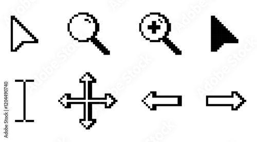 Pixelated white computer cursor icons.
