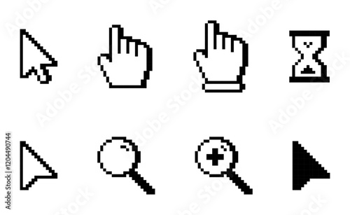 Pixelated white computer cursor icons. Pixelated white computer pointer icons