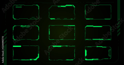 HUd technology set of 9 futuristic green digital frames on black background. They are perfect for creating futuristic, tech or gaming designs.  