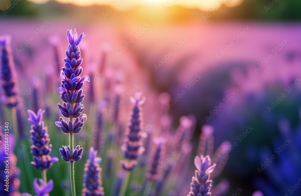 Obraz premium Beautiful lavender field at sunrise. Purple flowers bloom in rows. Scenic rural landscape. Sunlight highlights vibrant blossoms. Aromatic herbal plants. Perfect for nature lovers aromatherapy