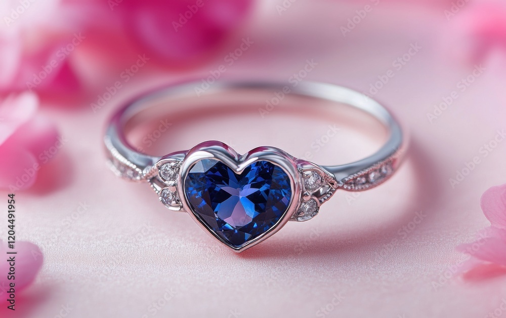 A platinum ring with a sapphire heart design, elegantly displayed on a light pink background with soft floral textures for valentines day A platinum ring with a sapphire heart design, elegantly displayed on a light pink background with soft floral textures for valentines day