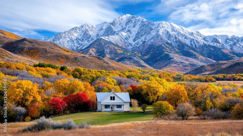 Autumnal farmhouse nestled in vibrant foliage against a snow-capped mountain backdrop. Autumnal farmhouse nestled in vibrant foliage against a snow-capped mountain backdrop.