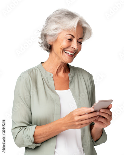 Older woman smiling and looking at her smartphone, transparent background (PNG)