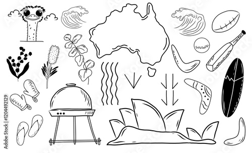 Doodle set with Australian symbols. Hand drawn vector design. photo