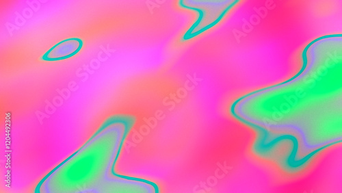 Trippy psychedelic fluorescent abstract background. Grainy bright liquid gradient wallpaper with curves stains drops in acid green neon pink orange magenta lilac turquoise. Rave retro summer design