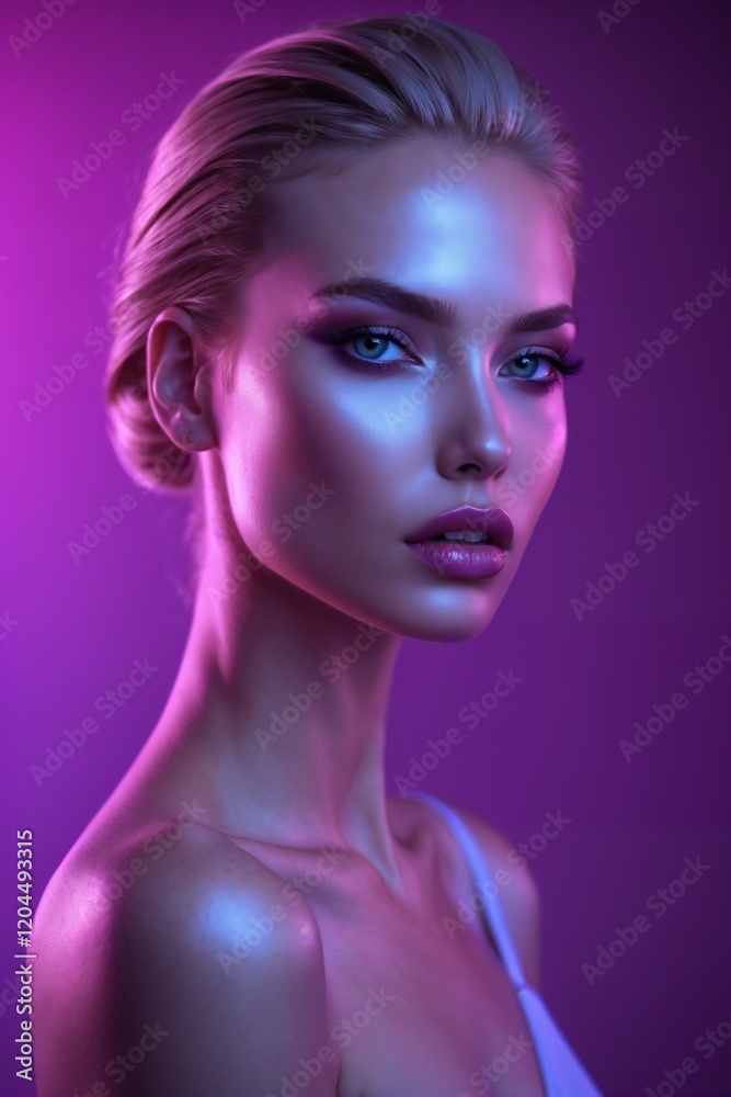 Beautiful Dark Blond Model with a Bun Purple Background Beautiful Dark Blond Model with a Bun Purple Background