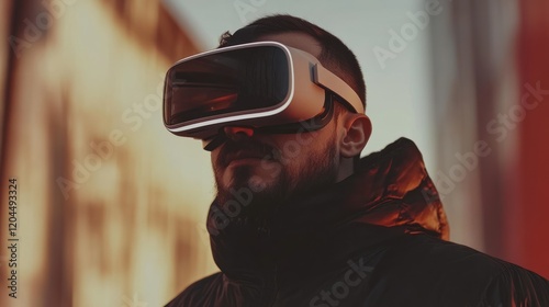 Bearded man wearing VR headset outdoors, experiencing virtual reality.