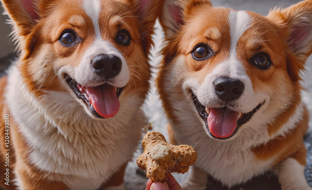 Two dogs are sitting next to each other and one of them is holding a treat in its mouth Two dogs are sitting next to each other and one of them is holding a treat in its mouth