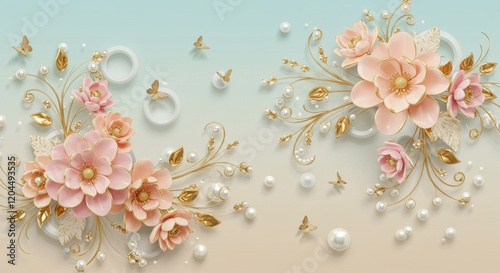 A delicate 3D illustration of pastel-colored flowers in soft pink, peach and gold tones