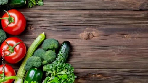 A close-up fresh vegetables, including bell peppers, tomatoes, and greens, placed on a wooden surface
