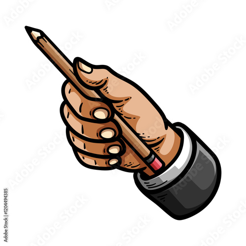 hand holding pencil isolated colored drawing line art style sketch classic vintage design illustration