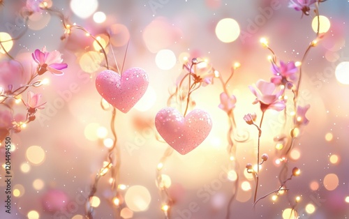 A soft pastel background with floating heart shapes, delicate spring flowers, and glowing fairy lights for Valentines Day and Womens Day