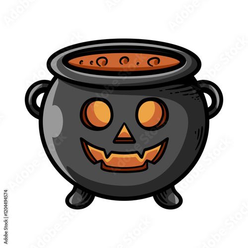cartoon cauldron with Halloween face isolated colored drawing line art style sketch classic vintage design illustration