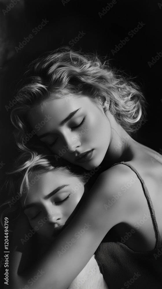 Romantic couple in black and white, two young women with soft expressions, embracing closely with eyes closed, highlighted by gentle light and shadow creating a serene and intimate mood Romantic couple in black and white, two young women with soft expressions, embracing closely with eyes closed, highlighted by gentle light and shadow creating a serene and intimate mood