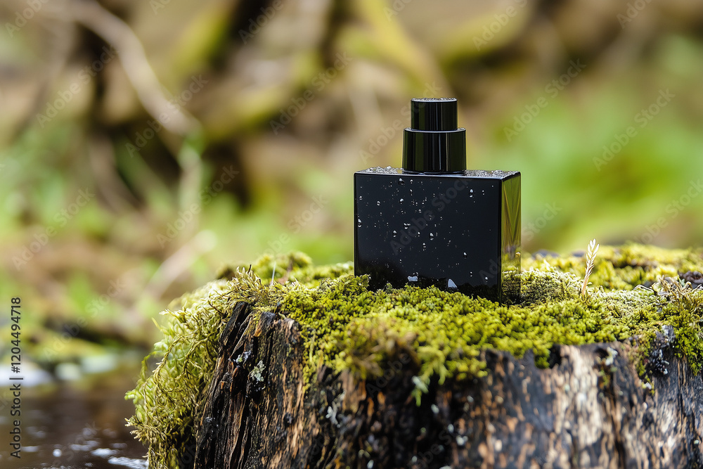 Black perfume bottle with water drops on stand made of wood and moss. Natural perfumes, woody scents in men's perfume.